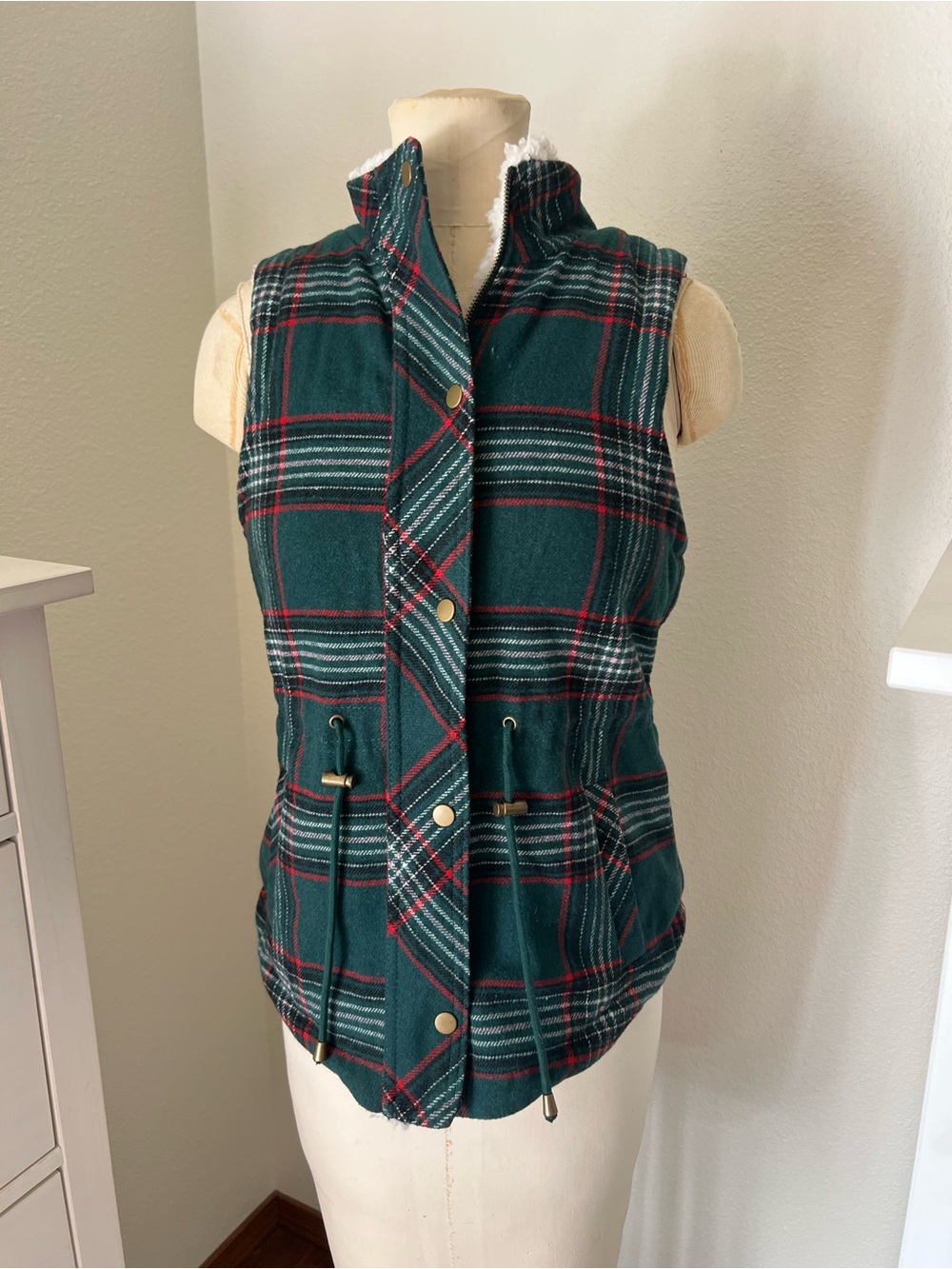 Maurices Green Plaid Sherpa-Lined Vest